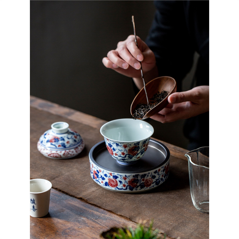 Bát có nắp sứ trắng xanh đựng ấm pha gốm sứ gia dụng cổ điển bát trà tam tài dụng cụ trà bàn trà nhỏ khay pha khô trữ nước