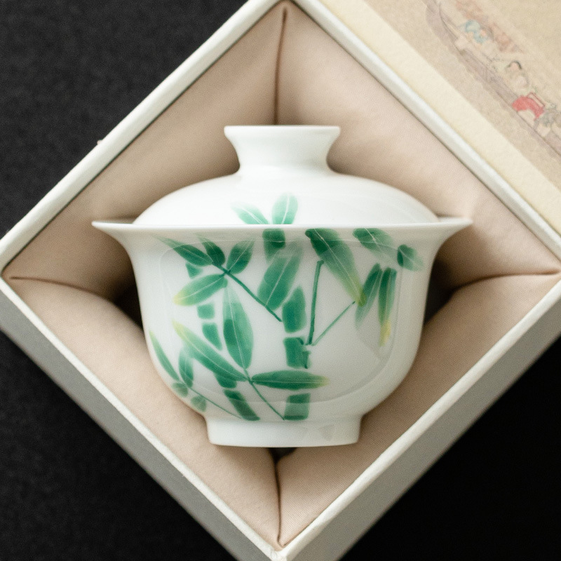 Bát trà lớn màu xám thực vật có nắp vẽ tay Lễ hội thời gian cao mưa có nắp chén trà dụng cụ trà kungfu gia dụng không nóng tay