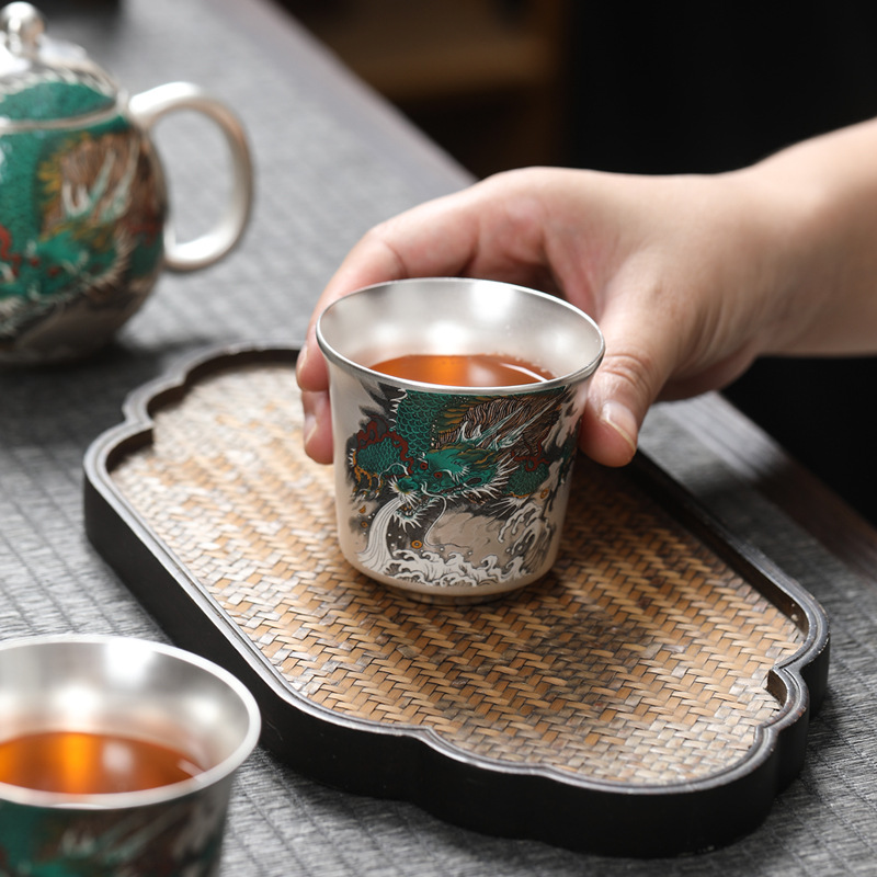 Bộ tách trà chủ nhân cỡ lớn thủ công mạ bạc gia dụng Bộ trà Kung Fu cao cấp Chén trà mạ bạc Thanh Long