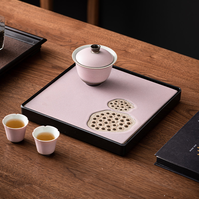 Khay trà gốm sứ lò nung, khay thoát nước phòng khách gia dụng, Bộ trà Kung Fu loại nhỏ kiểu giữ nước hình vuông, Khay bàn trà pha khô