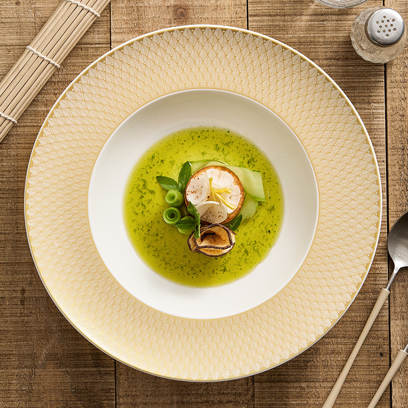 Đĩa súp gốm vàng vàng Renaissance Đĩa món ăn Đĩa gia dụng Bộ đồ ăn khách sạn sang trọng kiểu mới cao cấp Đĩa mũ rơm đồ ăn phương Tây