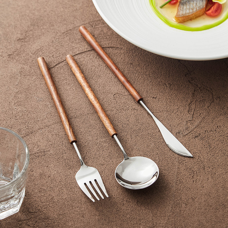 Bộ đồ ăn phương Tây tay cầm bằng gỗ hoa lê, dao, nĩa và thìa ba miếng, inox 304 thương mại, thìa tráng miệng bít tết