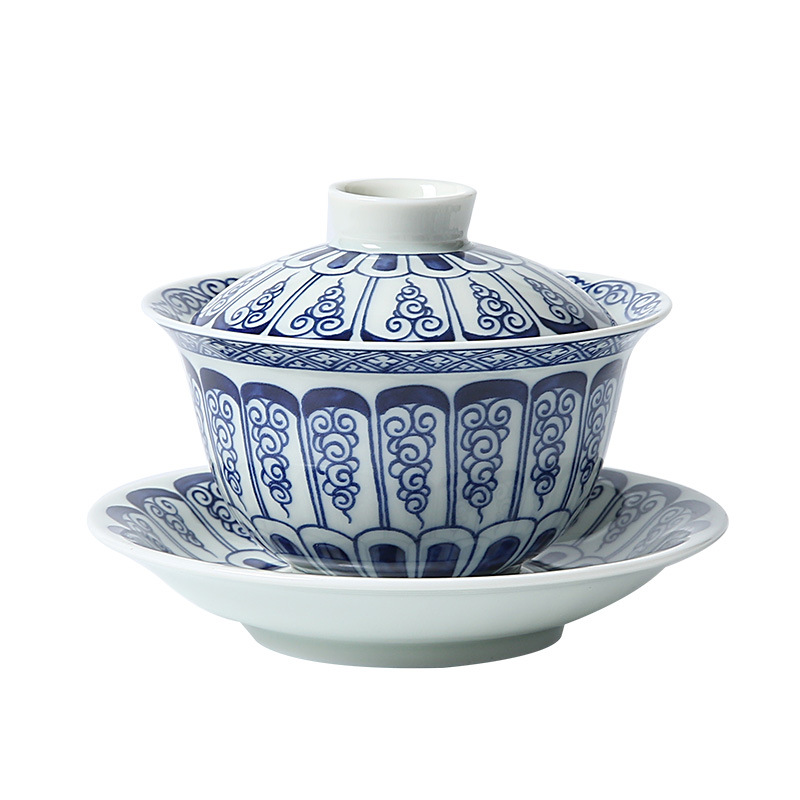 Dụng cụ pha trà cổ điển Kung Fu sứ trắng xanh dụng cụ pha trà bát ba tài năng gia dụng tách trà cốc chủ nhân có nắp đậy cốc