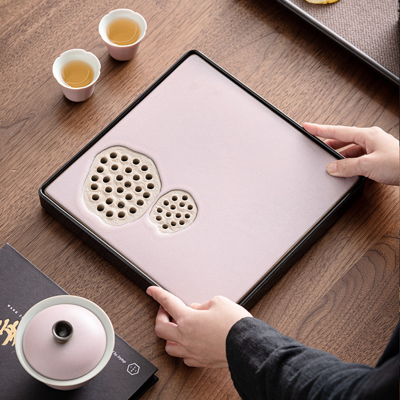 Khay trà gốm sứ lò nung, khay thoát nước phòng khách gia dụng, Bộ trà Kung Fu loại nhỏ kiểu giữ nước hình vuông, Khay bàn trà pha khô