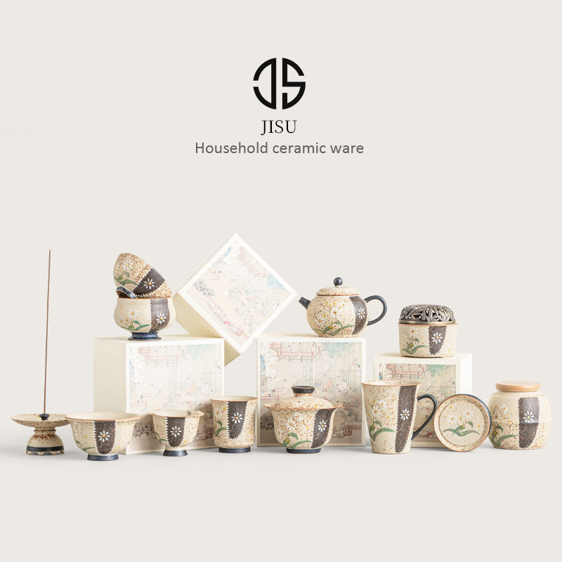 Bộ trà gốm sứ cổ đỏ đá lửa xanh trắng, tách trà hoa cúc nhỏ cao cấp, cốc chủ nhân, bát đựng trà, lư hương, cốc cà phê