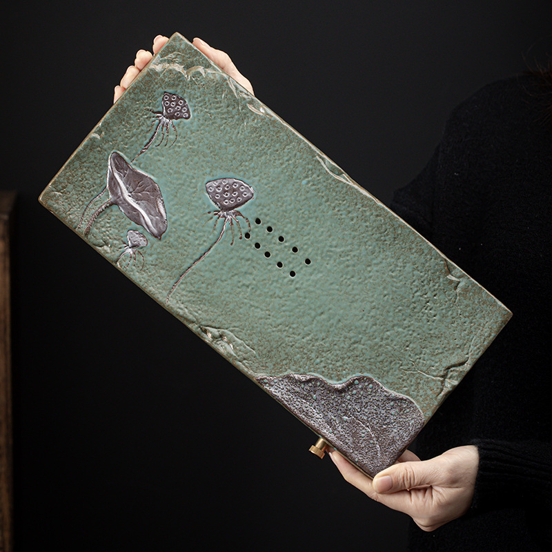 Khay trà pha khô Ailian cho biết bàn pha khô gốm thô hình chữ nhật nhỏ kiểu Nhật bàn trà mạ vàng gia dụng