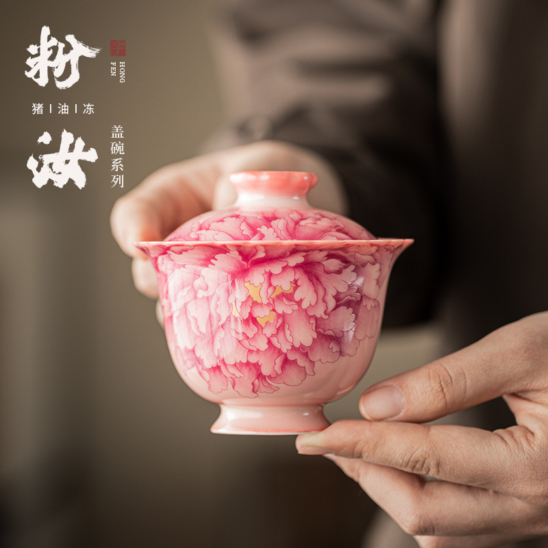 Bột thạch mỡ lợn, bát có nắp tam tài, bát pha trà gốm sứ có nắp, bát trà cầm tay chống bỏng