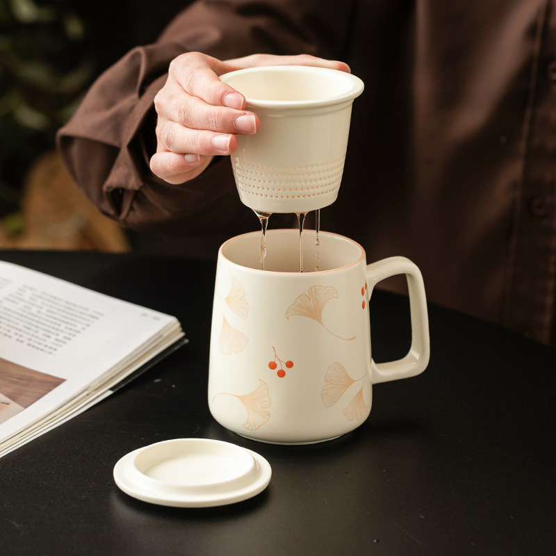 Cốc sứ bạch quả màu be cốc văn phòng cốc nước gốm cốc pha trà cốc tách nước cốc cốc lớn gia dụng có nắp