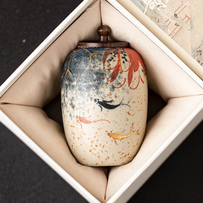 Chậu trà gốm sứ đỏ đá lửa trắng xanh, chậu trà koi vẽ tay hoa sen vẽ tay, chậu trà kín, cầm tay