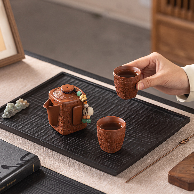 Bộ ấm trà Kung Fu đất sét tím nguyên bản Nghi Hưng nguyên bộ ấm trà đất sét tím cũ một ấm hai cốc trà thủ công quà tặng