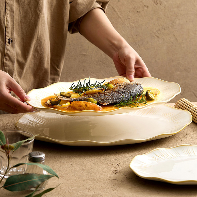 Đĩa cá hình lá sen dùng trong nhà, đĩa gốm sứ Dehua lớn, đĩa ăn, mẫu mới 2025, đĩa oval cao cấp.