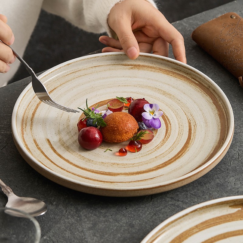 Đĩa phẳng gốm sứ Đĩa ren gốm thô cổ điển Đĩa có giá trị cao Đĩa món ăn gia dụng Đĩa ăn phương Tây Đĩa bít tết