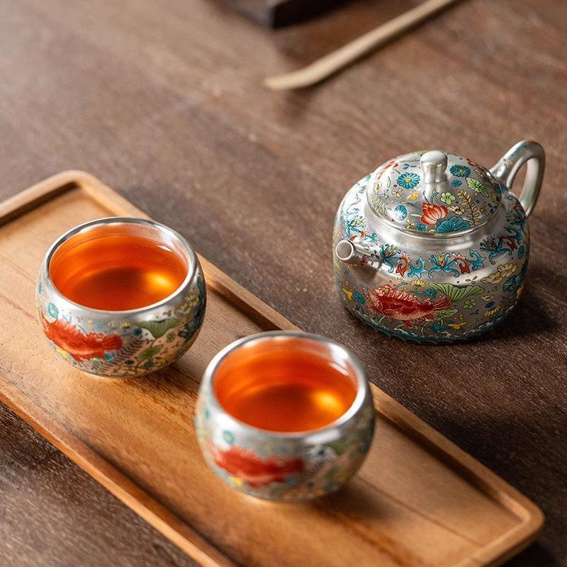 Zhou Hongjie làm thủ công mạ bạc hoa văn cá tảo ấm trà Hàn Quốc dụng cụ pha trà gia dụng cao cấp ấm trà công phu sang trọng ấm trà