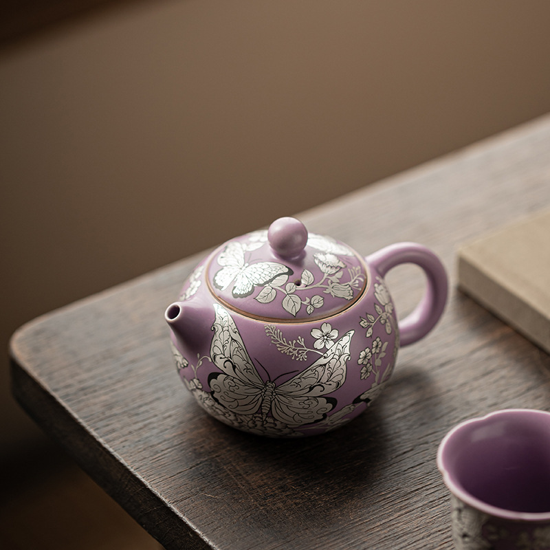 Bình lọc gốm sứ gia dụng hình bướm bạc Ru tím, hoa tình yêu Xishi, một ngăn, có thể dùng pha trà, hộp quà tặng