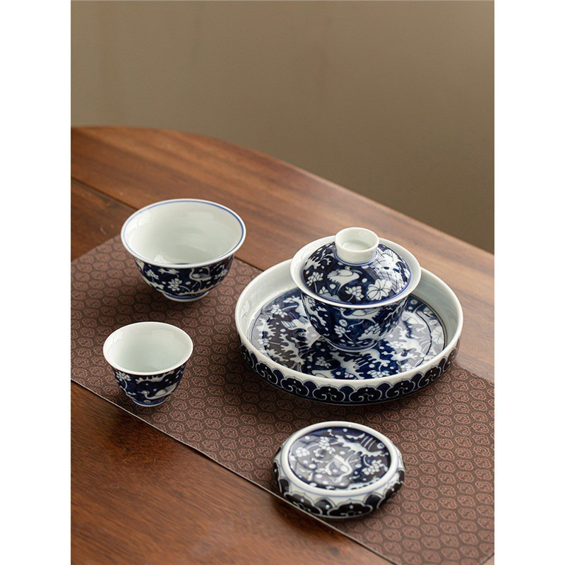 Bộ bát có nắp màu xanh và trắng làm thủ công Jingdezhen Bộ đồ trà gốm sứ dụng cụ pha trà cốc gia dụng cốc chủ nhân