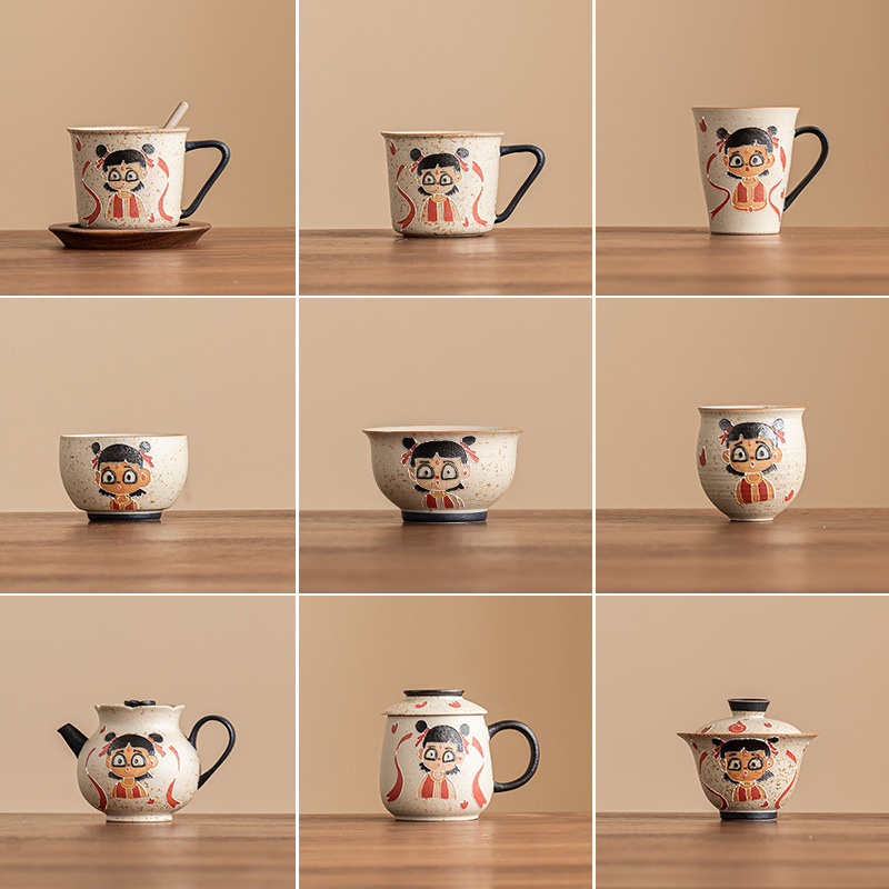 Màu xanh và trắng đá lửa đỏ Nezha Naohai tách cà phê tách trà ấm trà có nắp bát cốc cốc trà sáng tạo cao cấp gói đơn