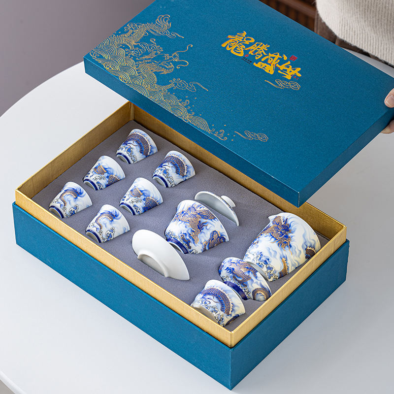 Bộ ấm chén trà Kung Fu Longteng Shengshi Dingyao gốm sứ tráng men, hộp quà tặng, quà lưu niệm doanh nghiệp