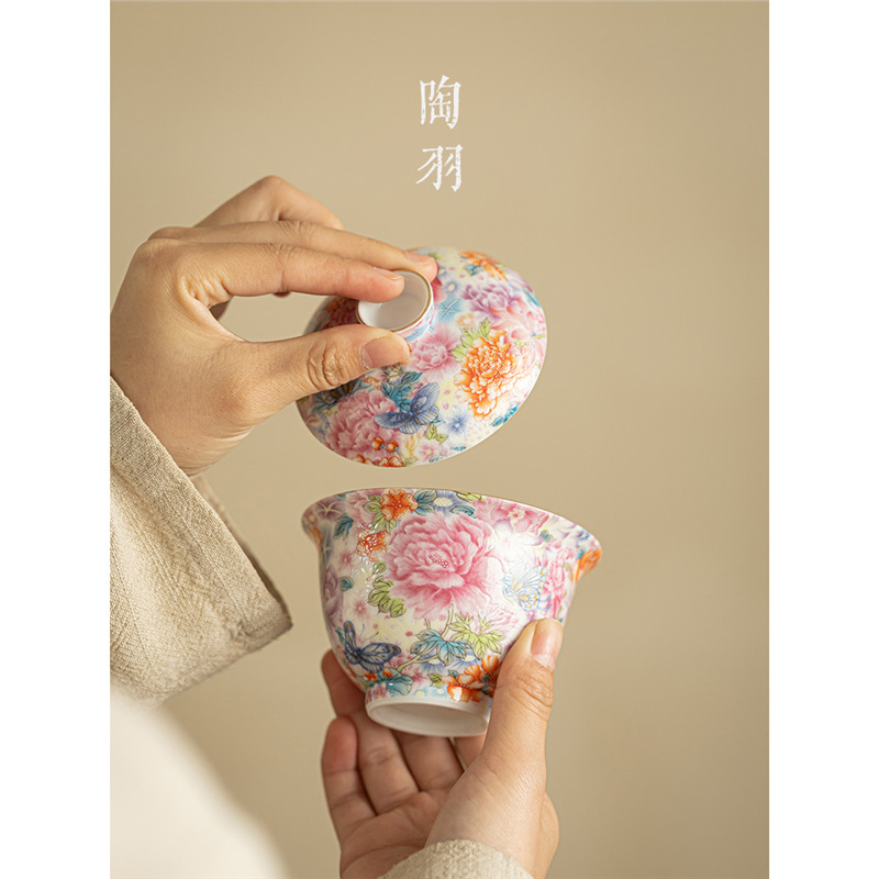 Bát trà tam tài tráng men phong cách Trung Quốc bát trà gốm sứ bộ trà kungfu bát trà đơn gia dụng cao cấp