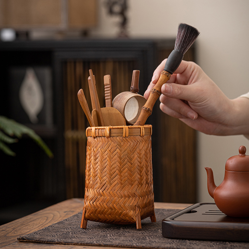 Ống trà sáu quý ông đan bằng tre thủ công, ống lưu trữ sơn mài lớn cổ điển, ống đựng bút, kẹp Trà Kim Trà, phụ kiện trà đạo