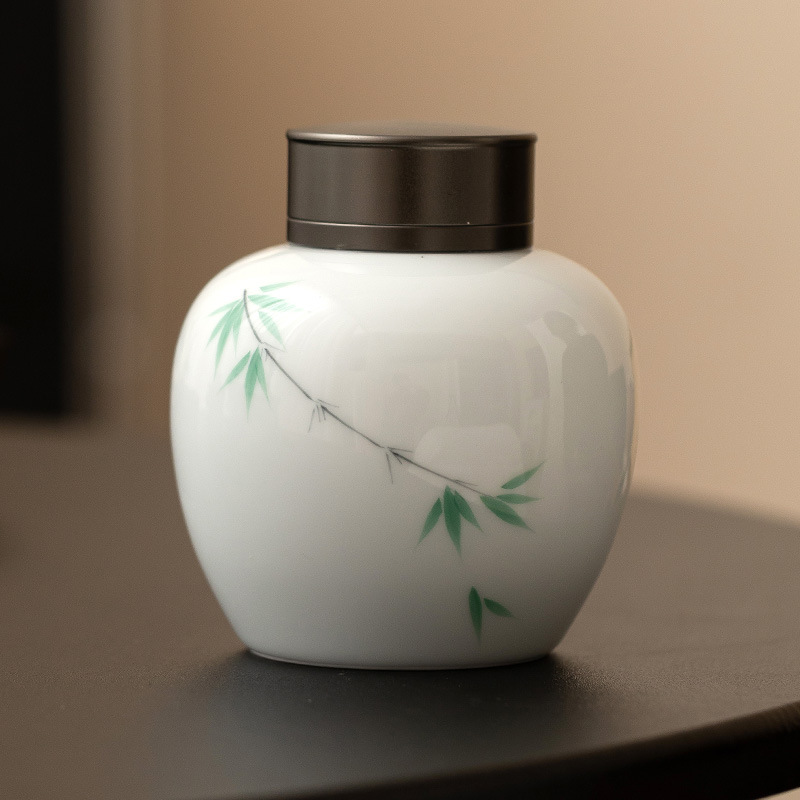 Hộp đựng trà gốm sứ tre xanh vẽ tay, hộp đựng trà cầm tay cỡ nhỏ, bộ trà, lọ kín chống ẩm, lọ trà rời, lọ rỗng