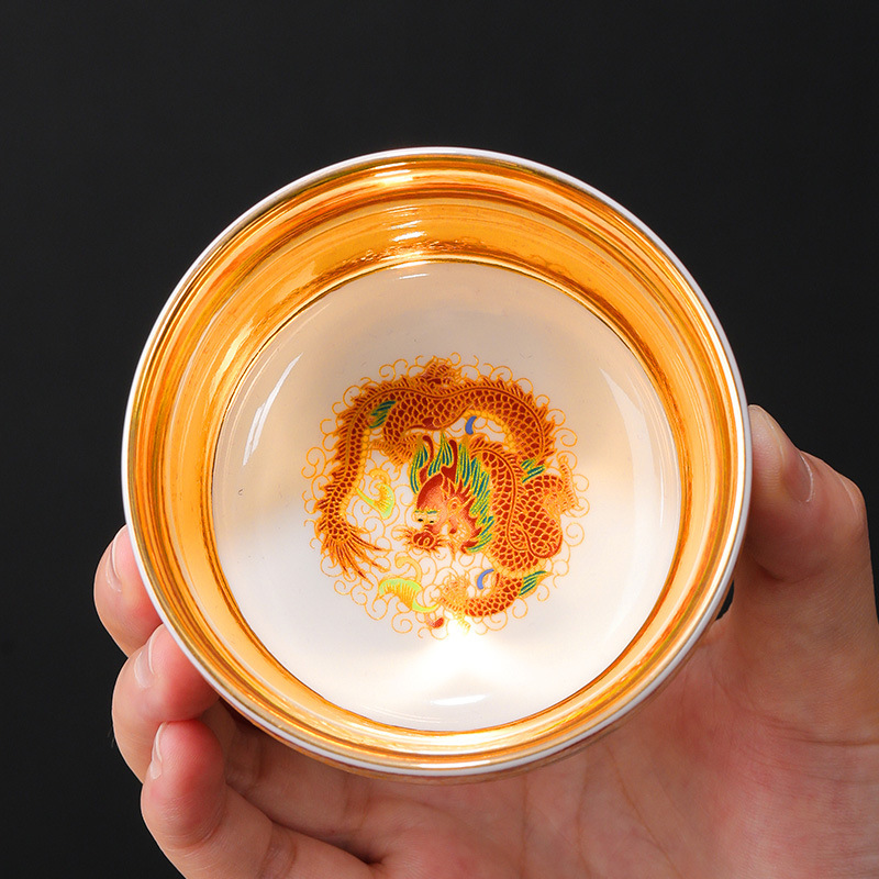Cốc trà tráng men mạ vàng đám cưới rồng phượng chủ bộ trà gốm sứ bát trà nút thắt quà cưới bán buôn