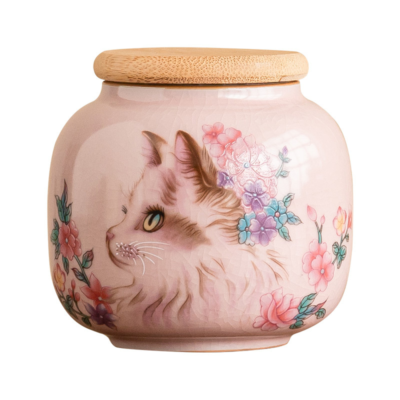 Hộp đựng trà họa tiết mèo Ru Kiln tối giản, hộp đựng kín chống ẩm, lọ đựng trà bằng gốm mở phía trước để sử dụng tại nhà.