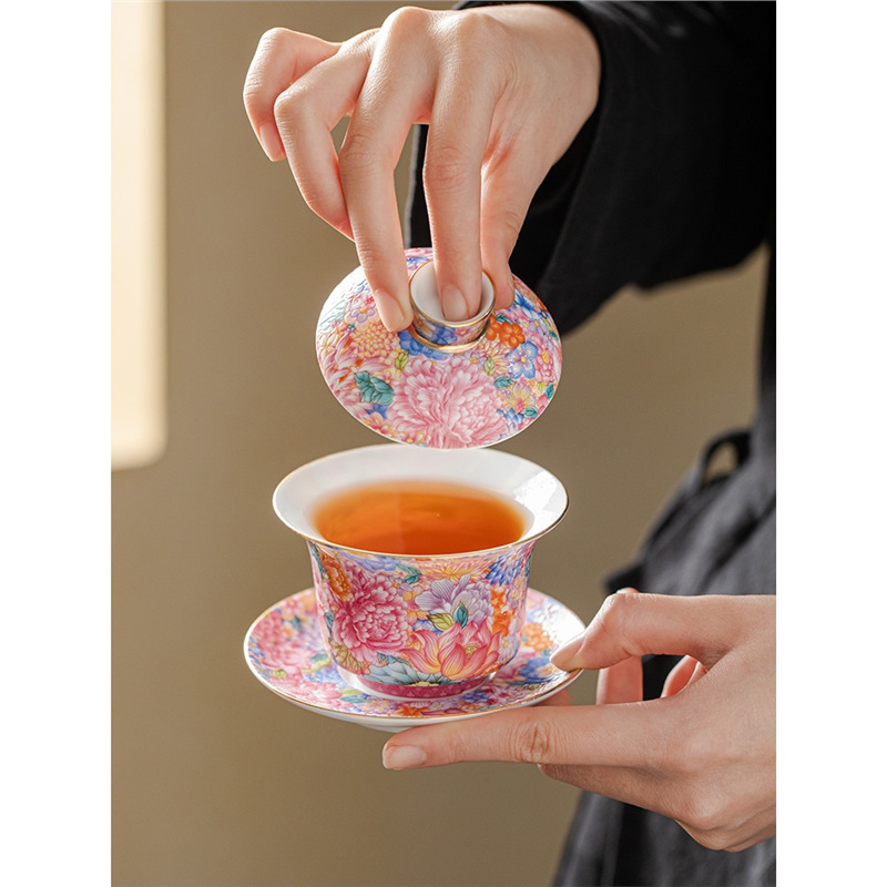 Bát trà cốc trà tam tài gốm sứ Bộ trà kungfu phong cách Trung Quốc Bát trà một màu men cao cấp gia dụng