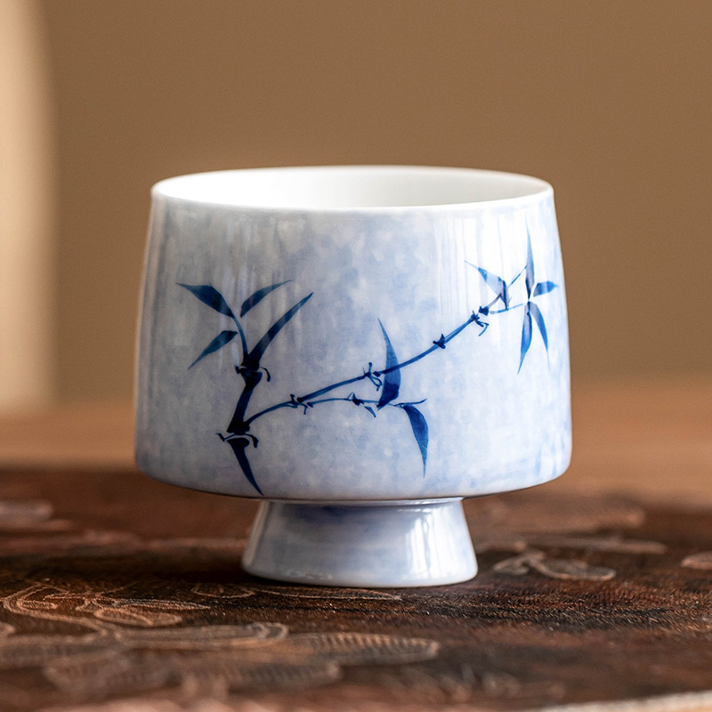 Cốc trà xám thực vật cốc đơn vẽ tay tre mực chân cao cốc ngọc bích cốc trà gia dụng cốc chủ nhân cốc uống trà