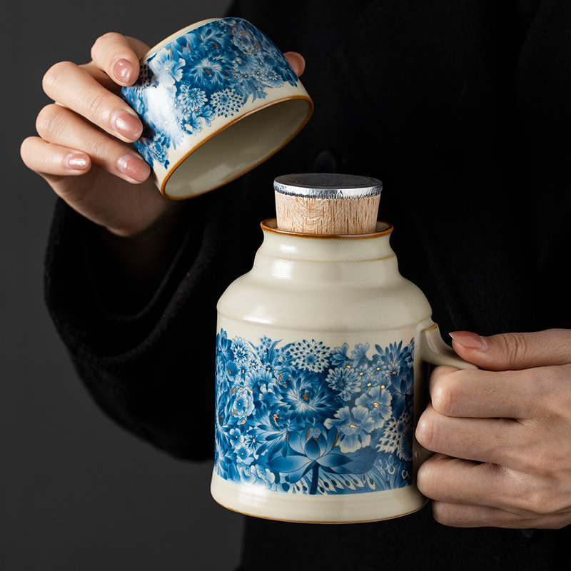 Ấm đun nước nhỏ Ru Kiln Jinwanhua có nắp đậy, bình giữ nhiệt quà bằng gốm sứ dung tích lớn, cốc pha trà