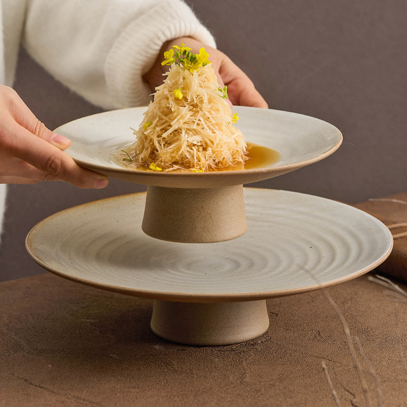 Đĩa hoa quả gốm thô, đĩa chân cao, bộ đồ ăn khách sạn cao cấp, đĩa chân cao, đĩa đựng đồ kiểu Trung Quốc cổ điển, đĩa đựng đồ ăn nhỏ có ren