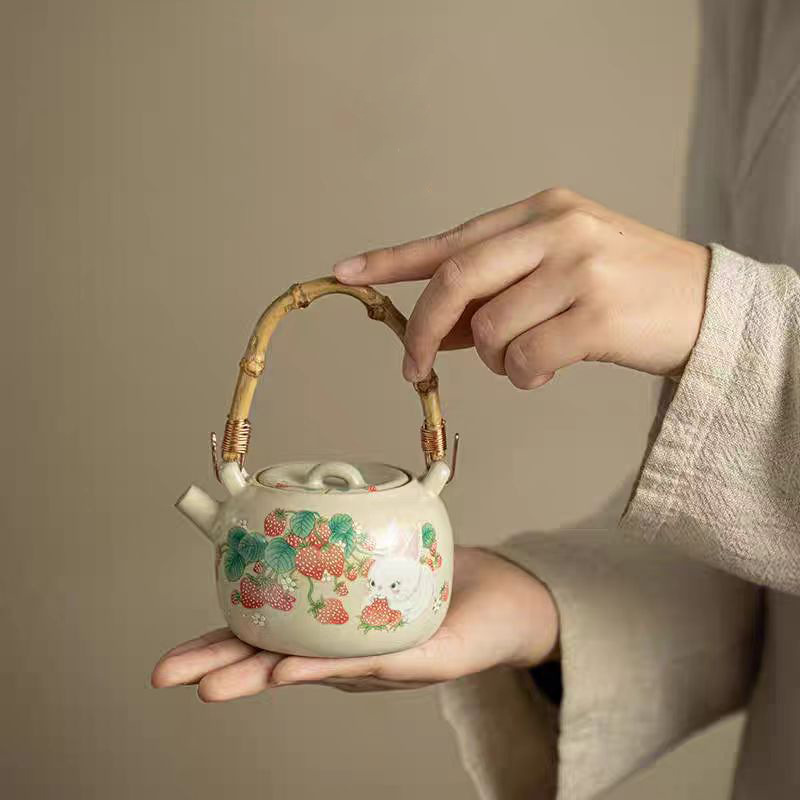 Ấm trà Thỏ Dâu Tây Ru Kiln Bộ ấm trà Kung Fu Bộ nhỏ ấm pha trà khách sạn gia dụng văn phòng cốc trà khay pha khô