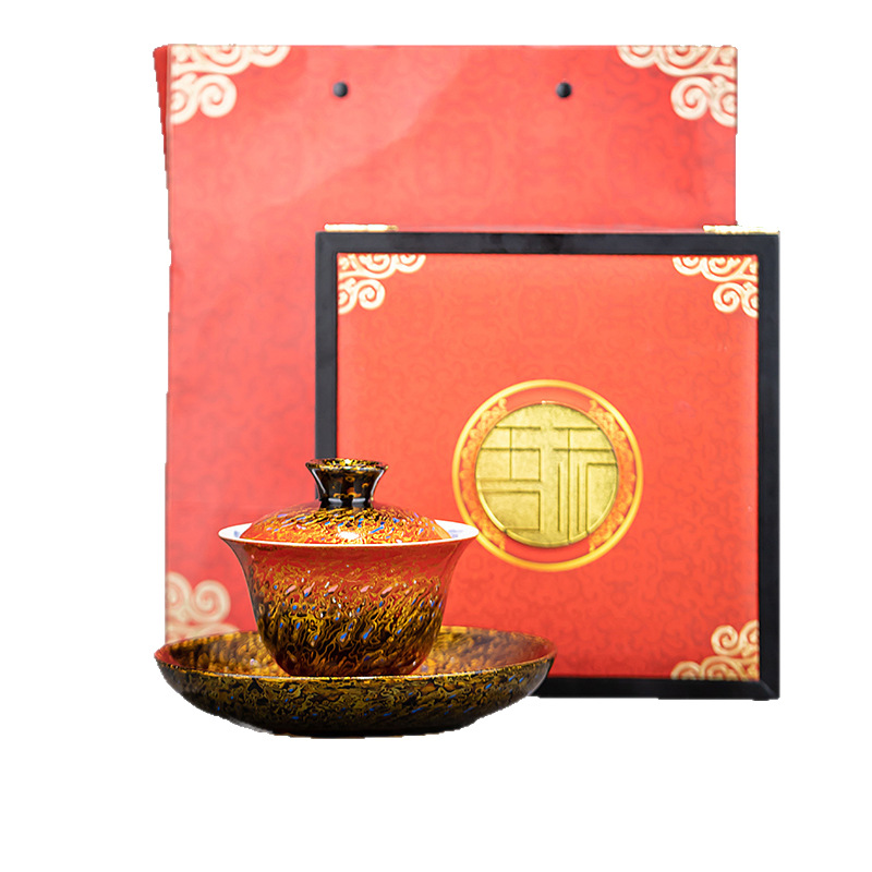 Bộ trà Suyuan Lacquerware Phủ Châu Sơn Mài Màu đỏ Ngọc trai Dung tích lớn Không nóng Bát phủ ba tài Bát trà vẽ tay