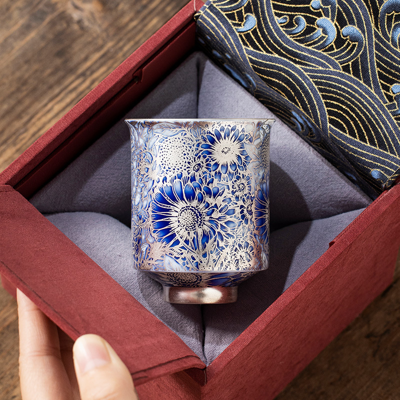 Chén hoa hướng dương mạ bạc văn hóa và sáng tạo Tử Cấm Thành, bộ trà cao cấp, quà sinh nhật cho người lớn tuổi, quà tặng cầm tay