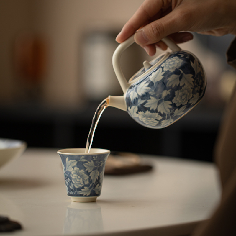 Ấm pha trà màu xanh và trắng tráng men soda, ấm đơn bằng sứ, ấm tay cầm, ấm tay cầm, ấm giọt nước, bộ trà Kung Fu