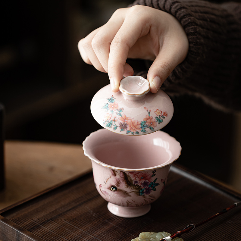 Bát có nắp gốm sứ hình mèo hồng cổ dụng dụng cụ pha trà có nắp tách trà bát pha trà hộp quà