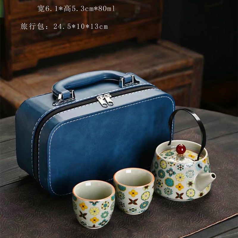 Bộ ấm trà du lịch, ấm cầm xà sứ trắng xanh, một ấm hai cốc, cốc khách nhanh di động, dụng cụ pha trà ngoài trời, quà lưu niệm