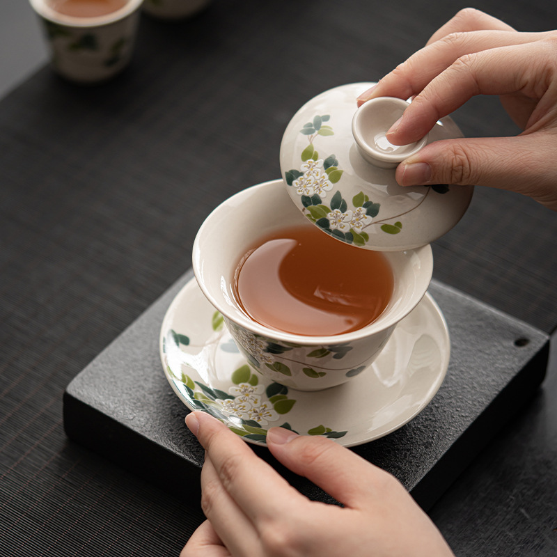 Bát có nắp ba màu xám thực vật Đồ pha trà gốm thô kiểu Nhật Bộ pha trà Kung Fu Bát pha trà gốm sứ gia dụng cốc trà đơn