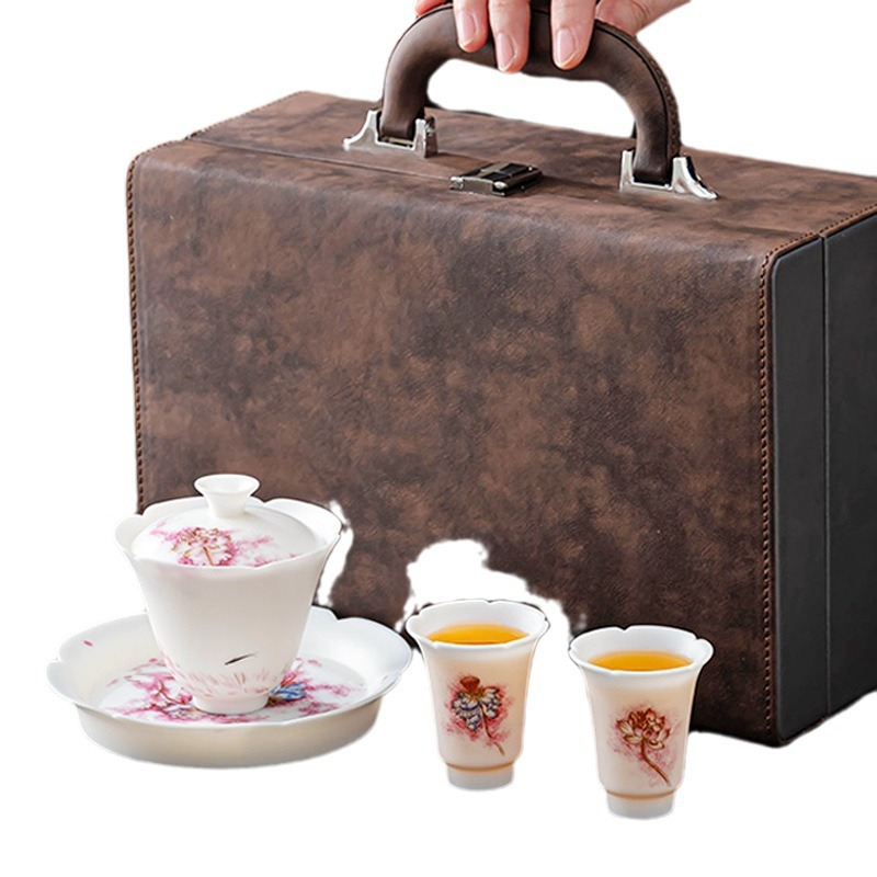Bộ tách trà cốc trà có nắp sang trọng nhẹ bằng sứ ngọc bích chay cao cấp cốc trà di động Bộ trà Kung Fu du lịch ngoài trời