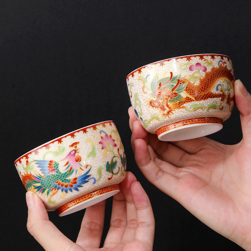 Cốc trà tráng men mạ vàng đám cưới rồng phượng chủ bộ trà gốm sứ bát trà nút thắt quà cưới bán buôn