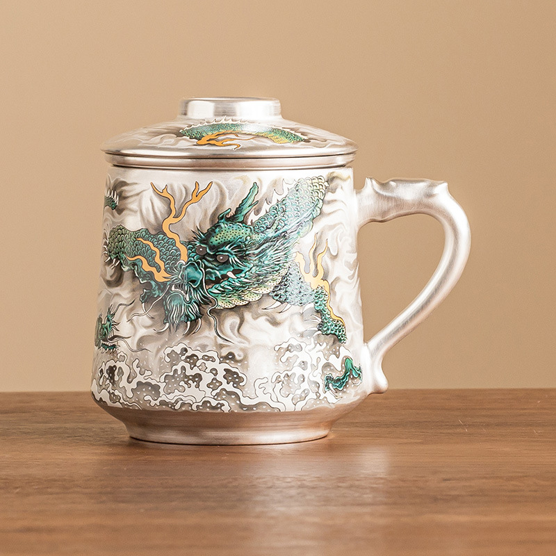 Cốc văn phòng Longteng Four Seas mạ bạc 999 cốc mug sang trọng nhẹ cao cấp có nắp tách trà tách trà cốc đơn