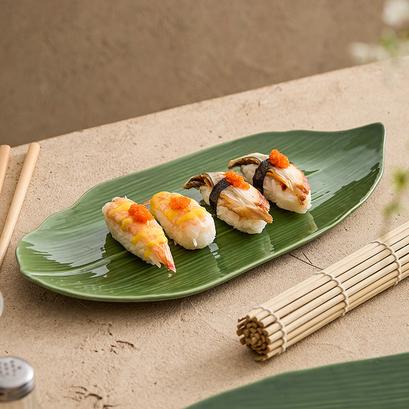 Đĩa Sushi gốm sứ Dehua, đĩa lá zông đặc trưng sáng tạo, đĩa Sashimi hình chữ nhật, đĩa bánh ngọt