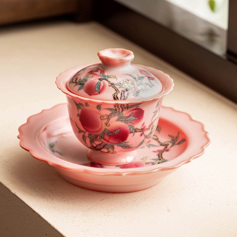 Bát có nắp chín đào màu hồng, cốc trà gốm sứ, bát trà đơn có nắp cao cấp cổ điển kiểu Trung Quốc cỡ lớn phục vụ khách gia đình