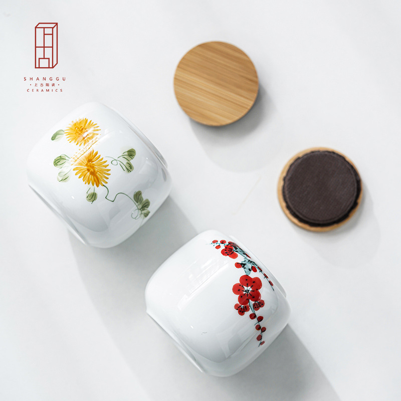 Hộp đựng trà vẽ tay, hộp gốm, hộp đựng trà nhỏ mini sáng tạo, hộp đựng đồ sứ trắng, hộp kín, bao bì trà