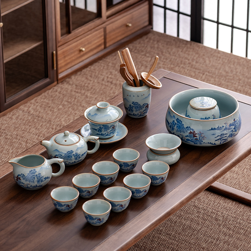 Bộ ấm trà lò Ru kiểu Trung Quốc mới bộ lớn bát có nắp ba tài, gốm sứ mở lát, ấm Xixi Shi, chén trà, quà lưu niệm