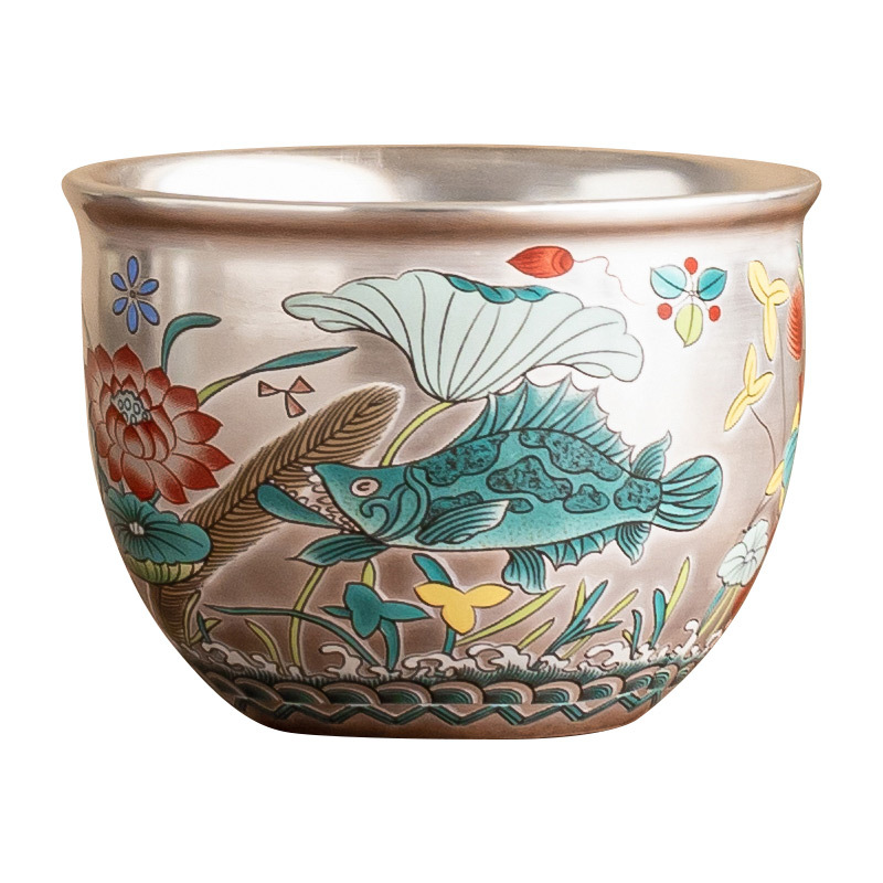 Cốc trà mạ bạc 999 cốc chủ nhân cao cấp cá chơi sen hồ thẳng cốc trà cốc trà chuyên dụng cốc trà cốc đơn