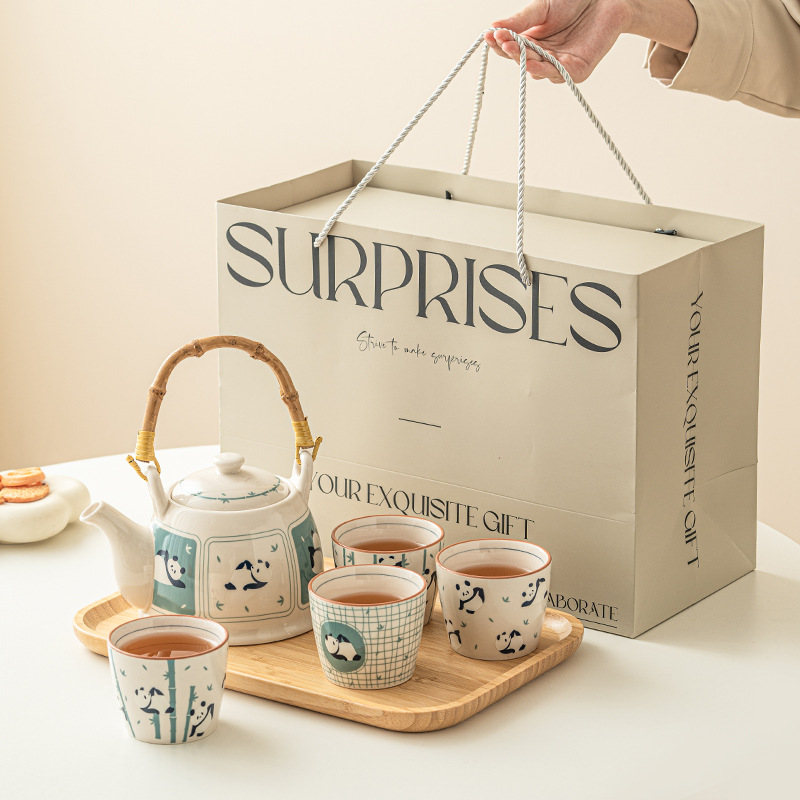 Bộ ấm trà gấu trúc Kung Fu, ấm trà pha trà chiều tinh tế, bộ trà gốm sứ giá trị cao, hộp quà cao cấp