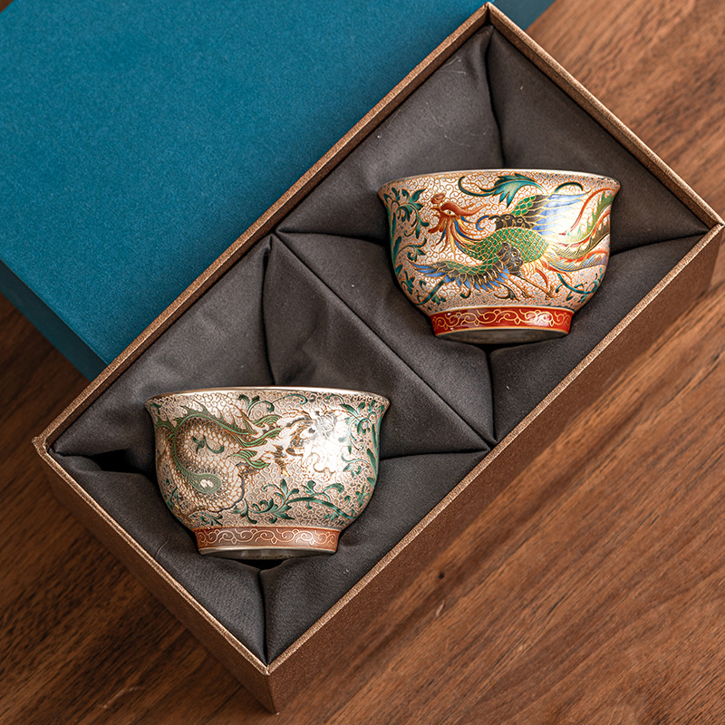 Cốc cặp đôi rồng và phượng hoàng, cốc trà mạ bạc 999, cốc chủ nhân, cốc trà cao cấp sang trọng nhẹ, hộp quà Bộ trà