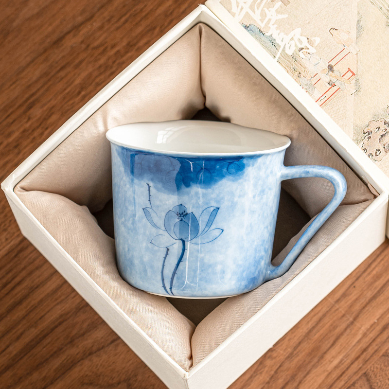 Cốc cà phê hoa sen xanh vẽ tay cốc trà chiều tinh tế cao cấp gốm sứ cốc Latte Có giá trị cao Cốc uống nước