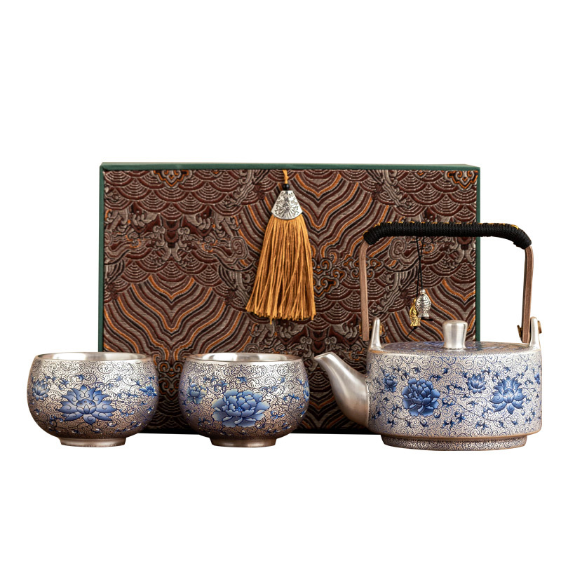 Bộ ấm trà Kung Fu màu xanh và trắng hoa sen mạ bạc sang trọng cao cấp 2024 mẫu mới hộp quà một ấm hai cốc quà tặng