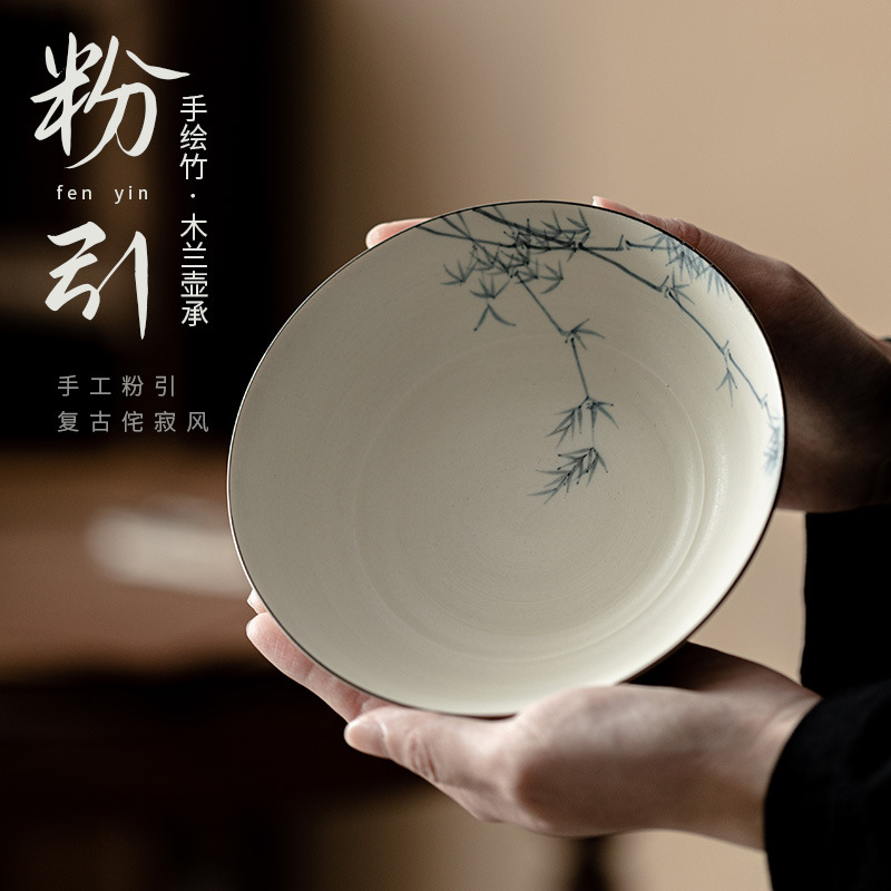 Bình phong lan bằng tre, gỗ vẽ tay màu trắng hồng, Khay đựng ấm, khay pha trà nhỏ pha khô, Bộ trà Kung Fu, khay trà lưu trữ nước hình tròn